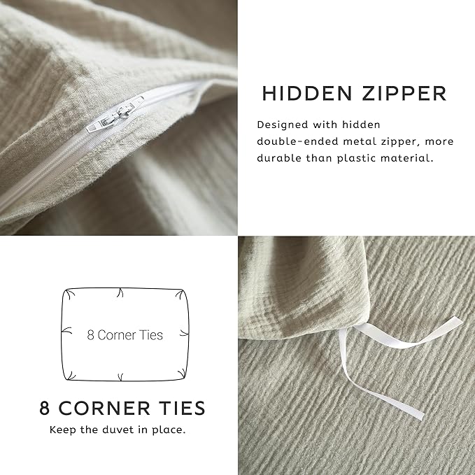 SE SOFTEXLY Muslin Duvet Cover California King Size, 100% Washed Cotton Duvet Cover Set, Ultra Soft Comforter Cover Linen Like, 3 Pieces Gauze Duvet Cover with 2 Pillowcases, 98"x104", Smoky-Green