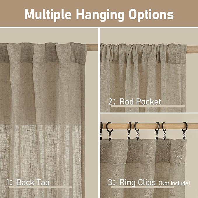 LAMIT Taupe Linen Curtains 30 Inch Length, Semi Sheer Light Filtering Window Panels Back Tab and Rod Pocket Drapes for Kitchen/Basement/Small Windows, 25 x 30 Inch, 2 Panels