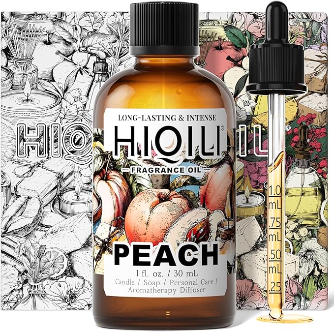 HIQILI Peach Fragrance Oil for Home Diffuser, Body Spray - 1 Fl Oz | DIY Candle, Linen & Room Freshener Spray Making, Long-Lasting Scent Juicy Fruit Scent, Pet Safe, Graduated Dropper Included