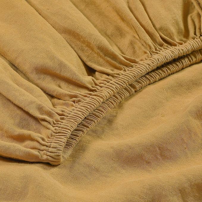 Sijo Stone Washed Organic French Linen Bed Sheet Set, GOTS Certified Organic, Best Cooling Linen Sheet Award by Sleep Foundation, 4 Piece - 2 Pillowcases, 1 Fitted and 1 Flat (Turmeric, Queen)