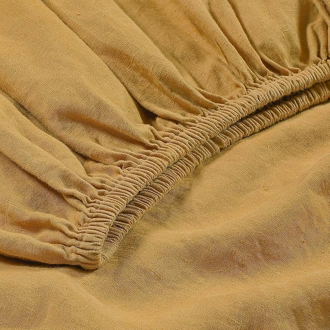 Sijo Stone Washed Organic French Linen Bed Sheet Set, GOTS Certified Organic, Best Cooling Linen Sheet Award by Sleep Foundation, 3 Piece - 2 Pillowcases and 1 Fitted Sheet (Turmeric, Full)