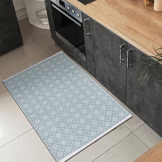 Cotton Diamond Woven Area Rug 2x3 Feet - Spa Grey, Anti Slip Decorative Durable Boho Front Door Throw Mats Ideal for Entryway, Kitchen, Office | Teal Farmhouse Indoor Daily Use Patio Rugs for Bedroom