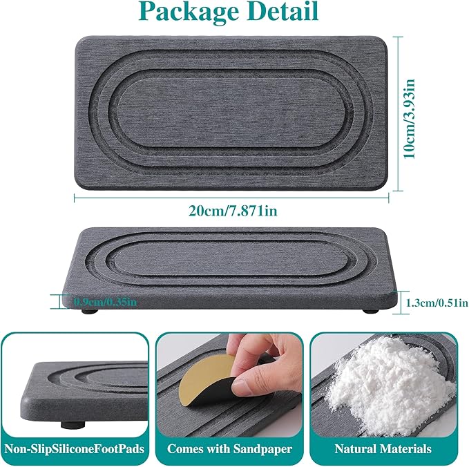 2PCS Water Absorbing Stone Tray for Sink, Quick Drying Diatomite Bathroom Tray Countertop, Stone Drying Mat for Kitchen Counter Faucet, Soap Dish Dispenser Vanity Organizer, Dark Gray-B-7.9" x 4"
