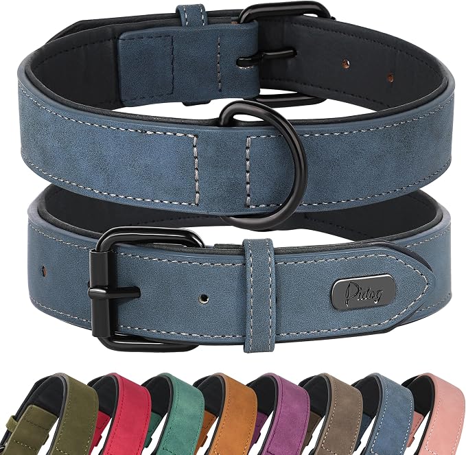 Didog Soft Padded PU Leather Dog Collar, Breathable and Adjustable Dog Collar for Large Dogs, Comfortable for Daily Walk, Blue, XL Fit Neck 18-22"(45-71 lbs)