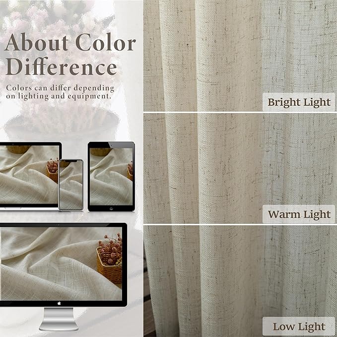 Pitalk Flax Linen Extra Long Curtains 120 Inch Length for Living Room 2 Panels Back Tab Rod Pocket Drapes Light Filtering Semi Privacy Beige Sheer Curtains for Dining Room Sliding Door 10 FT 52x120