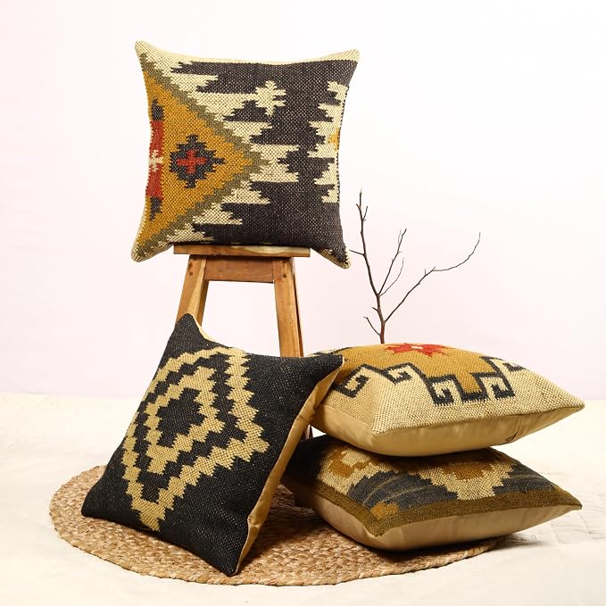 Trade Star 70% Jute 30 Wool Cushion Case Handwoven Pillowcases Throw Pillow Cover Ethnic Rug Pillow Covers Designer Pillow Shams Kilim Cushion Cover Set of 4 Cushion Cases (Kilim 1)