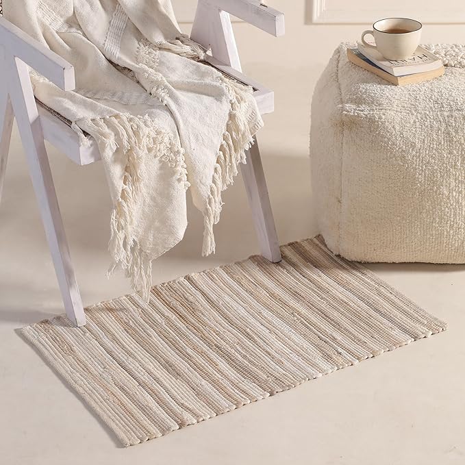 HOMEMONDE Beige Chindi Rug 20"x32" Recycled Soft Cotton Rag Rug Hand Crafted Reversible Boho Decor for Entyrway, Doormat, Kitchen, Bedroom, Living Room