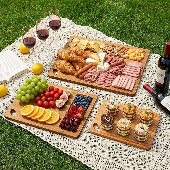 Non Toxic Bamboo Cutting Board Set of 3 Solid Wood Plastic Free Cutting Boards for Kitchen Small Dark Wooden Chopping Board Hardwood Cutting Boards for Meat Bread Fruit Serving Charcuterie Board