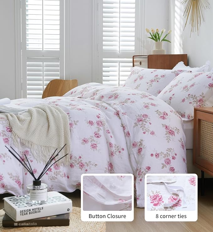100% French Flax Linen Duvet Cover Set King Size, 3pcs Comforter Digital Botanical Printed Rose Farmhouse Floral Bedding with Button Closure and 8 Corner Ties(Pink Rose, King)