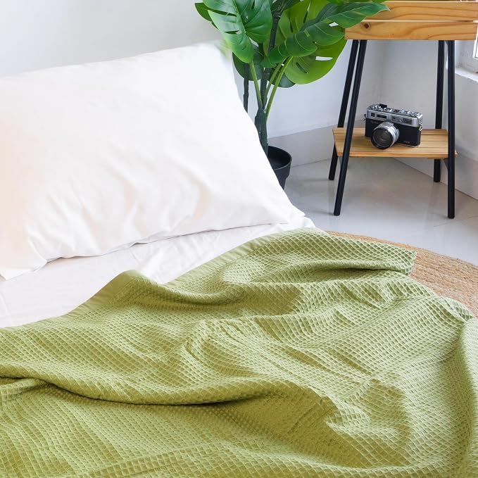 Salt Earth GOTS Certified 100% Organic Cotton Throw Blanket, 108"x90" Waffle Blankets & Throws for Bed, Throw Blanket for Couch, Cozy Christmas Blankets and Throws for Christmas Gifts (Mosstone)