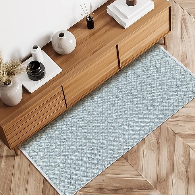 Cotton Diamond Woven Runner Rug 2x6 Feet - Spa Grey, Anti Slip Farmhouse Geomatric Home Patio Décor Runners Ideal for Hallways, Office, Kitchen | Soft Washable Bedroom Space Decorative Floor Boho Mats