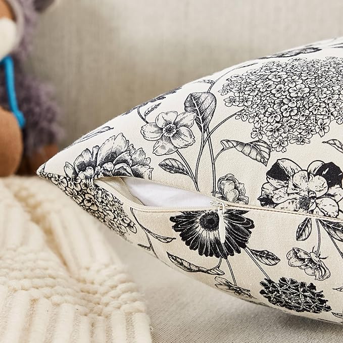 100% Cotton Botanical Lumbar Throw Pillow Covers Set of 2, 12x20 Inch Black, Farmhouse Double-Sided Floral Print Decorative Cushion Covers Pillow Cases Boho Home Decor