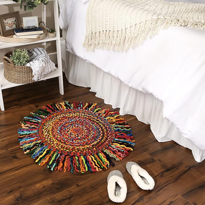DII Chindi Home Collection Handwoven Multicolor Area Rag Rug, 3' Round with Fringe, Multi-Color