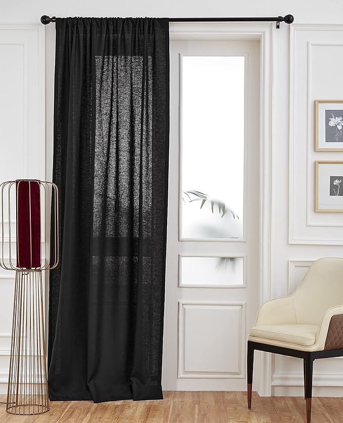 Solino Home Black Linen Curtain 52 x 120 Inch, Light Filtering Rod Pocket Curtain 120 Inches Long, 100% Pure Linen European Flax Window Treatment Panel for Living Room, Bedroom - 1 Panel