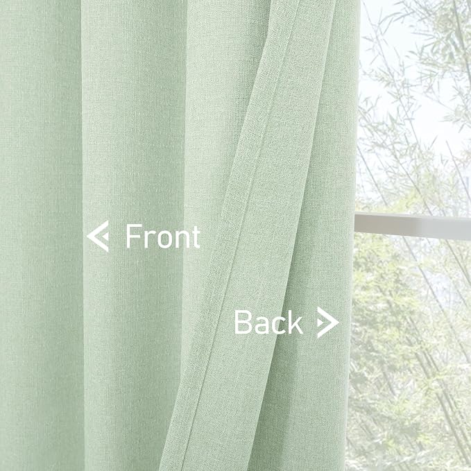 LAMIT Thermal Linen Curtains for Living Room, 72 Inch Linen Textured Light Reducing Curtains Grommet Privacy Boho Panels for Bedroom/Farmhouse, Set of 2 Panels, W52 x L72, Light Green