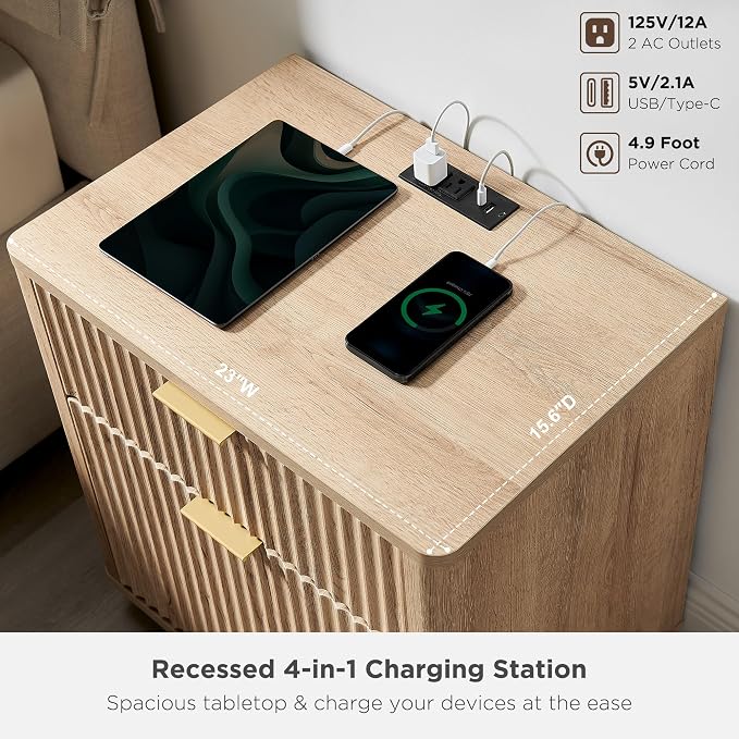 T4TREAM 23'' Fluted Nightstand Set of 2 with Charging Station, Large 2 Drawer Side Table, Modern End Table with Storage, Mid Century Bedside Table for Bedroom, Living Room, Curved Profile, Natural Oak