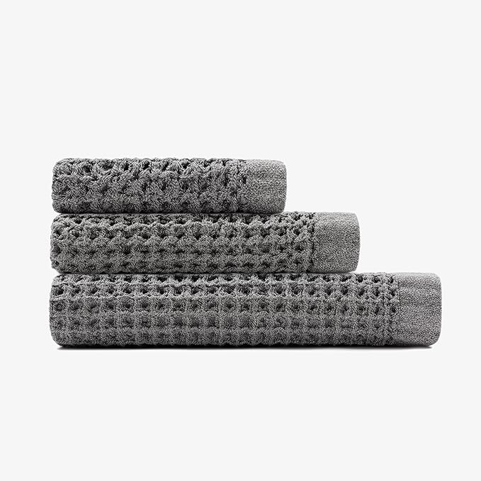 ONSEN Supima® Waffle Bath Towel Set, Quick Dry Lint Free 100% USA Cotton, Bath Hand and Face Towel Bundle, 3 Piece (Cinder Grey, Bath Towel Set)