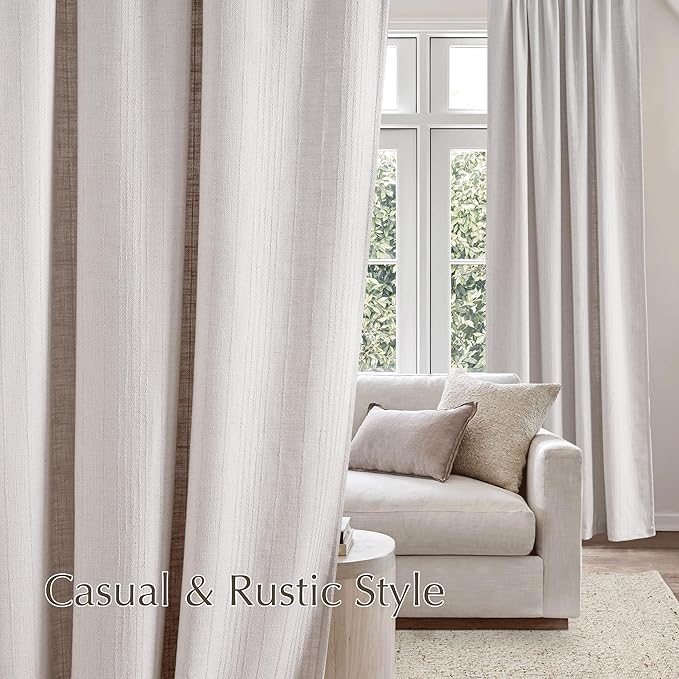 NICETOWN Boho Linen Curtains Jacquard Waffle Weave Pattern, Thick Window Treatments Privacy with Light Filtering Drapes for Living Room, Angora, W52 x L84, 2 Panels