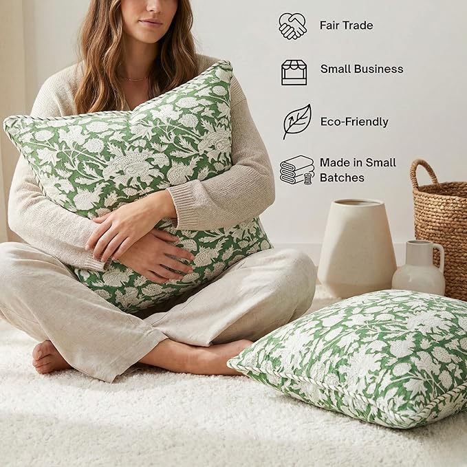 ATOSII Block Print Throw Pillow Covers, 18 X 18 - Set of 2, Decorative Couch Pillows for Living Room Bed Sofa, 100% Cotton Canvas Pillow Case for Home Decor & Outdoors, Preppy Throws - Meraki Green