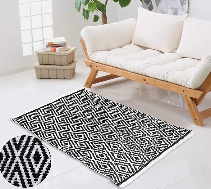 Chenille Cotton Diamond Rug 21x34 Inches - Black, Reversible Small Soft Washable Front Door Mat Ideal for Kitchen, Entryway, Bathroom | Farmhouse Boho Accent Indoor Throw Rugs for Bedroom, Patio