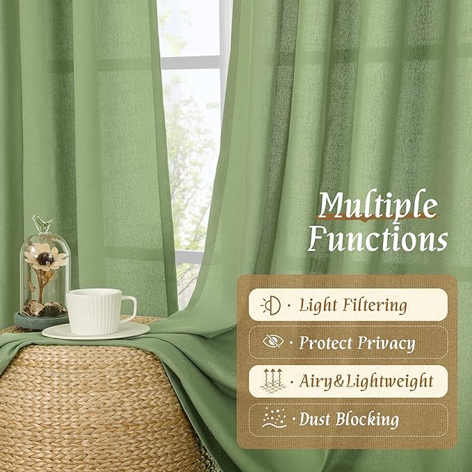 LAMIT Linen Blended Curtains 84 inch for Living Room, Linen Textured Light Filtering Drapes Rod Pocket Boho Panels for Farmhouse/Living Room, 2 Panels, 52 x 84 Inch, Green