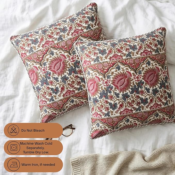 ATOSII Block Print Throw Pillow Covers, 18 X 18 - Set of 2, Decorative Couch Pillows for Living Room Bed Sofa, 100% Cotton Canvas Pillow Case for Home Decor & Outdoors, Preppy Throws - Bella