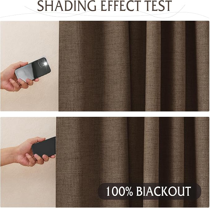 RYB HOME Brown 100% Blackout Linen Curtains 72 inch Long, Thermal Insulated & Privacy Assurd Drapes for Bedroom/Office/Nursery, Rod Pocket & Back Tab Window Treatment, W52 X L72, 2 Panels