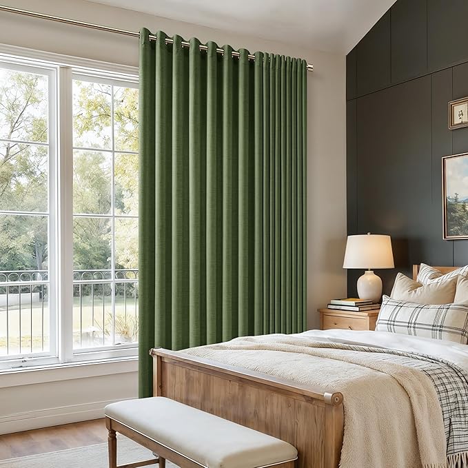 Olive Green Extra Wide 100 Inch Linen Curtains Room Divider 84 Inch Length 1 Panel Sliding Door Curtains for Living Room Moss Green Semi Sheer Curtains Grommet Privacy Farmhouse Curtains