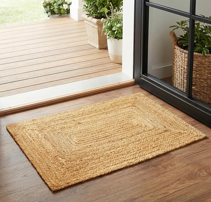 THE BEER VALLEY Jute Braided Rug 2x3 Feet - Natural | Reversible Accent Doormat for Entryway, Kitchen, Nursery - Rustic Coastal Small Front Door Mat for Indoor Use