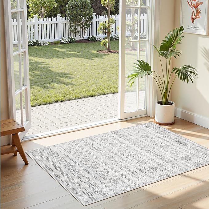 Tortania Area Rug Living Room Rugs - 3x5 Washable Soft Neutral Boho Moroccan Farmhouse Mat Indoor Floor Carpet for Bedroom Under Dining Table Home Office Decor - Ivory Gray