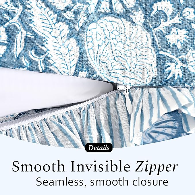 CPC Blue Meadow Hand Block Print 100% Cotton Ruffle Throw Pillow Cover 24x24 inch with Hidden Zipper Decorative for Couch, Bed, Sofa, Farmhouse, Cottagecore Decor Gift Christmas Fall Thanksgiving