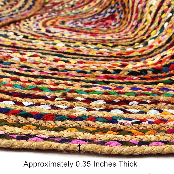 COTTON CRAFT Jute Cotton Chindi Braid Rag Rug - Boho Farmhouse Rustic - Handwoven Reversible Natural Jute and Recycled Cotton Throw Area Rug Carpet - Home Décor - 5 Feet Round - Multi Color