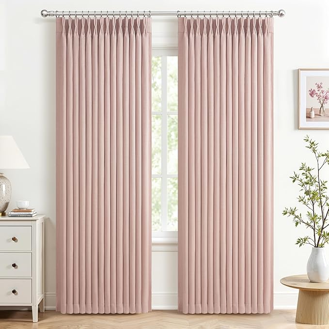 Blush Pink Double Layer Linen Pinch Pleated Curtains 90 Inches Long for Kids Room 2 Panels Set, Beautiful Memory Shape Blackout Insulated Noise Reducing Textured Viral Windows Drapes 40 x 90 Length