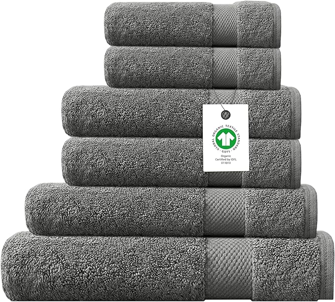 100% Organic Cotton Towels 650 GSM Plush Feather Touch Quick Dry Towel, 6-Piece Towel Set GOTS Certified, Oeko-Tex Green Certified, 1 Bath Towel, 1 Bath Sheet, 2 Hand Towels & 2 Wash Cloths