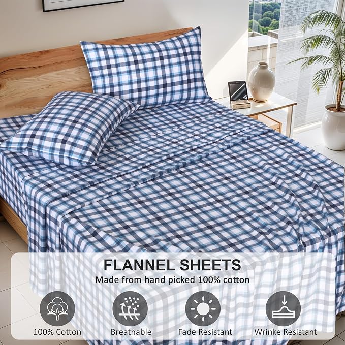 RUVANTI Flannel Sheets King Size - 100% Cotton Double Brushed King Size Sheets Set - Deep Pockets 16 Inches Bed Sheets - All Seasons Breathable & Extra Soft - Warm & Cozy, 4 Piece, Gingham Addition