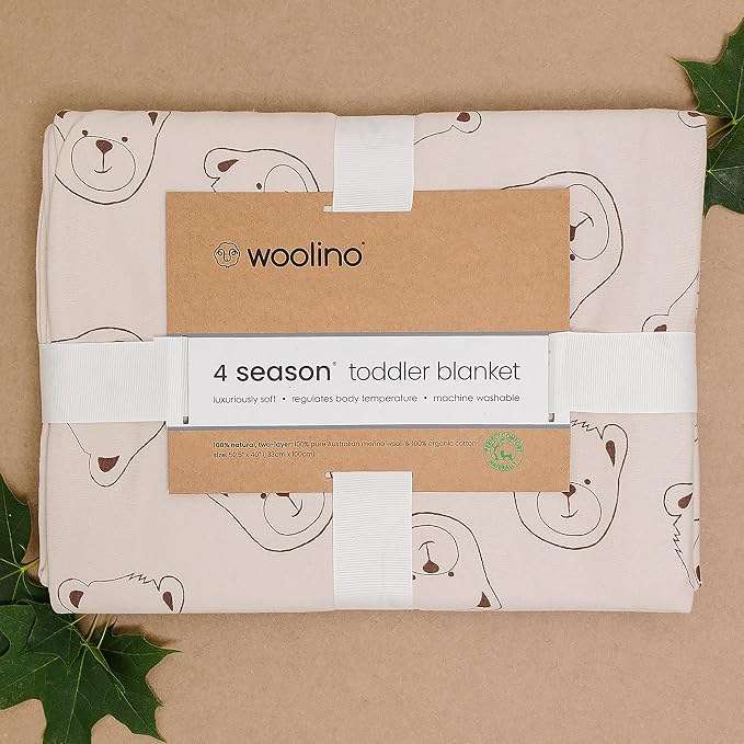 Woolino Toddler Blanket - Merino Wool and Organic Cotton Baby Blanket for Girls and Boys - 4 Season - 52.5” x 40” - Teddy Bear