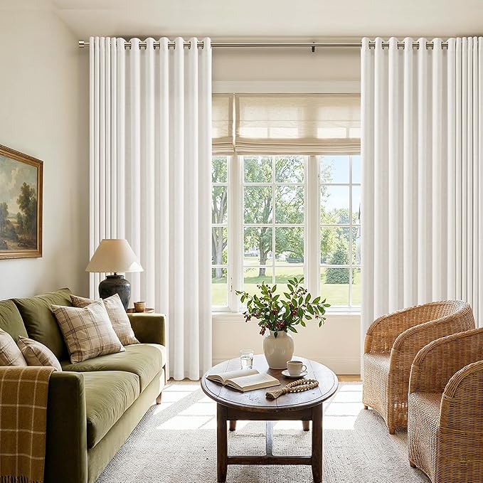 Beige White Linen 102 Inch Curtains 72 Inch Width for Living Room Divider Light Filtering Semi Sheer Extra Wide Patio Curtains for Sliding Door Balcony Floor to Ceiling Window 72x102 1 Panel