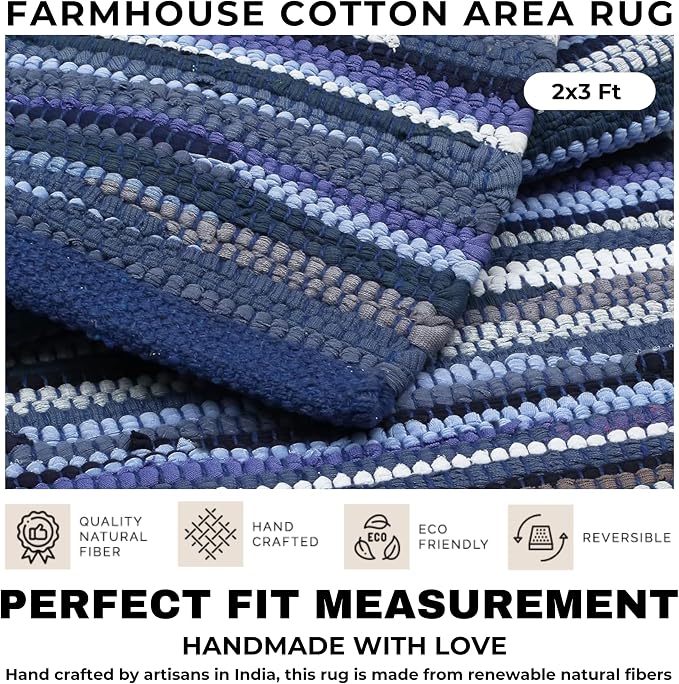 Bedding Craft Hand Made Woven Tonal Chindi 24x36 Inch Rectangle Area, Reversible Farmhouse, Braided Chindi Cotton - Blue Multi