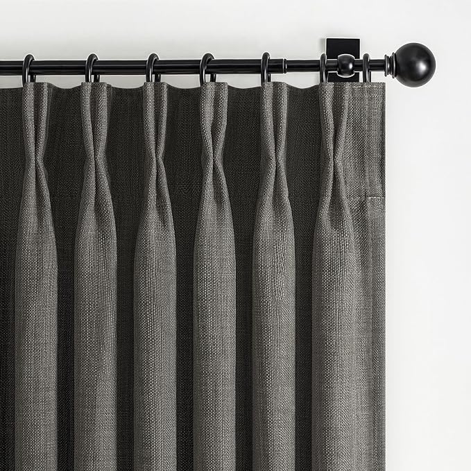 Dark Grey Blackout 84 Inch Curtains for Patio Sliding Glass Doors, Memory Shape Pinch Pleated Dual Layer Linen Thermal Light Blocking Modern Windows Drapes for Living Room 7FT Length 2 Panels Set