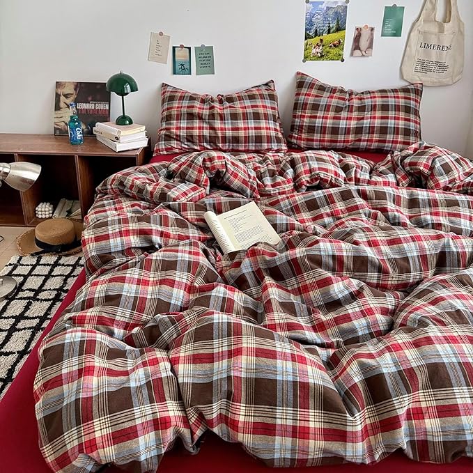 mixinni Vintage Red & Brown Buffalo Plaid Duvet Cover Set King Size - 3 Piece Washed Cotton Bedding Set with Classic Checkered Pattern, Cozy Farmhouse Duvet Cover with Pillowcases for All Seasons