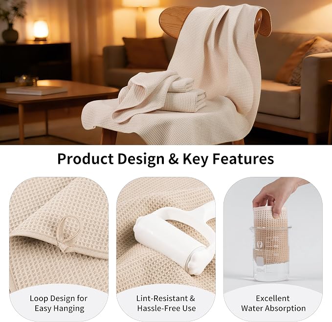 MICROFI Waffle Weave Bath Towel Set, Microfiber, 4 Pieces (Body/Hair/Hand/Face), Quick Dry, Lightweight, Super Absorbent, Lint Free, 380 GSM (Champagne)
