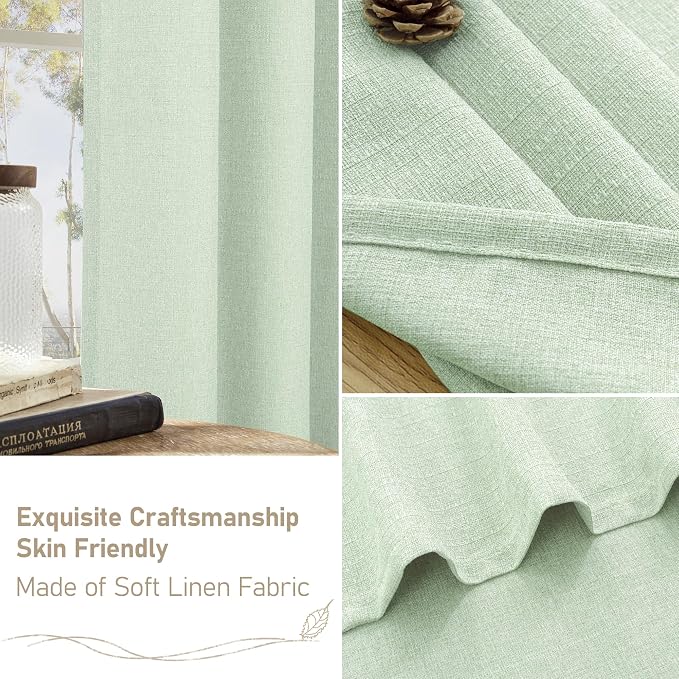 LAMIT Thermal Linen Curtains for Living Room, 72 Inch Linen Textured Light Reducing Curtains Grommet Privacy Boho Panels for Bedroom/Farmhouse, Set of 2 Panels, W52 x L72, Light Green