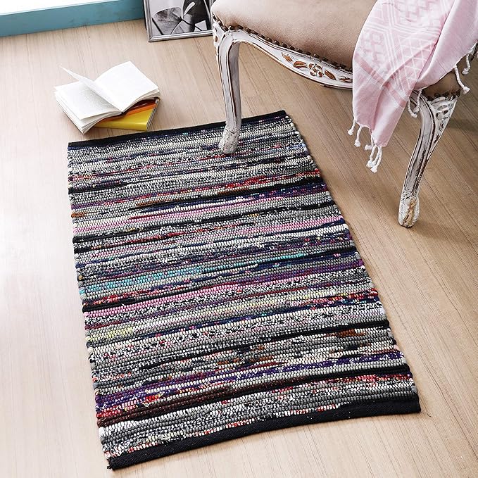 Ramanta Home 100% Cotton Chindi Hosiery Rug 24x36 Inch - Dark Multi, Farmhouse Reversible Soft Bohemeian Rugs Ideal for Entryways, Kitchen, Bedroom | Durable Lightweight Handmade Accent Doormat