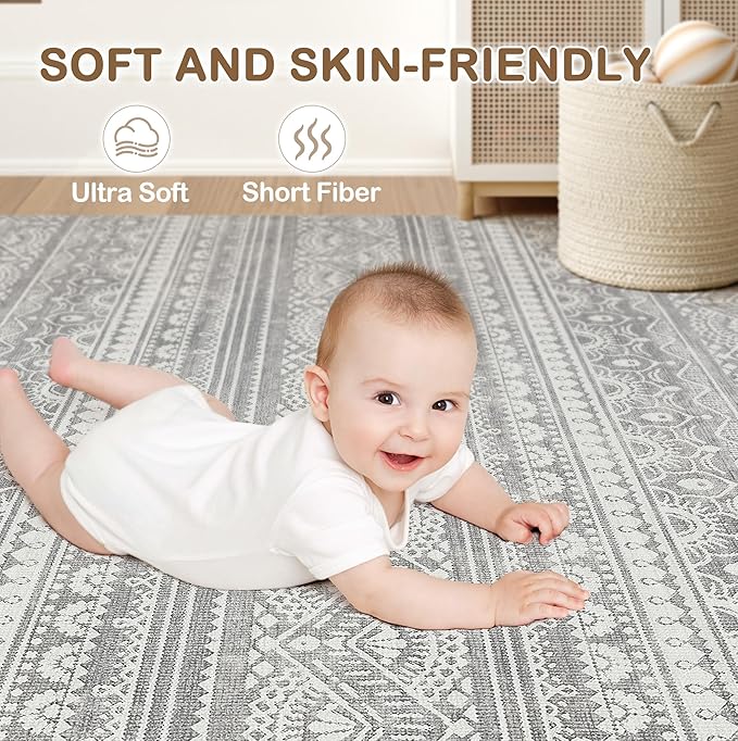Tortania Area Rug Living Room Rugs - 9x12 Washable Large Soft Neutral Boho Moroccan Bohemian Farmhouse Rug Indoor Floor Carpet for Bedroom Under Dining Table Home Office Decor - Neutral Grey