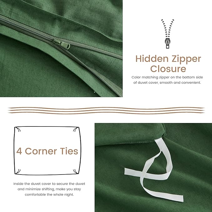 BISELINA French Linen Duvet Cover Set 3pcs with Hidden Zipper Closure Natural Flax Cotton Blend Solid Color Soft Breathable Luxury Farmhouse Bedding - Queen Size, Forest Green