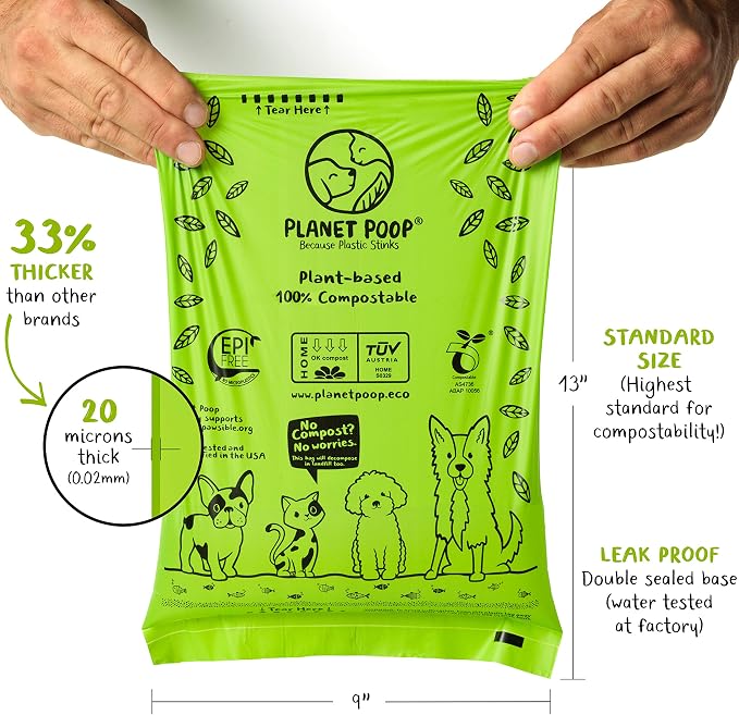 PLANET POOP Home Compostable Dog Poop Bags on Refill Rolls, 240 Un-Scented Pet Waste Bags, Thick Leakproof Plant-Based Doggy Bag, Cat & Dogs Supplies