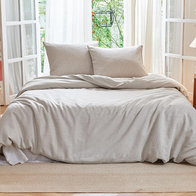 Simple&Opulence Linen Duvet Cover Set Queen Size - French Linen Cotton Woven Blend in Natural Beige, 3 Pieces (1 Comforter Cover 88x92” + 2 Pillowcases), Soft & Breathable All-Season Farmhouse Bedding