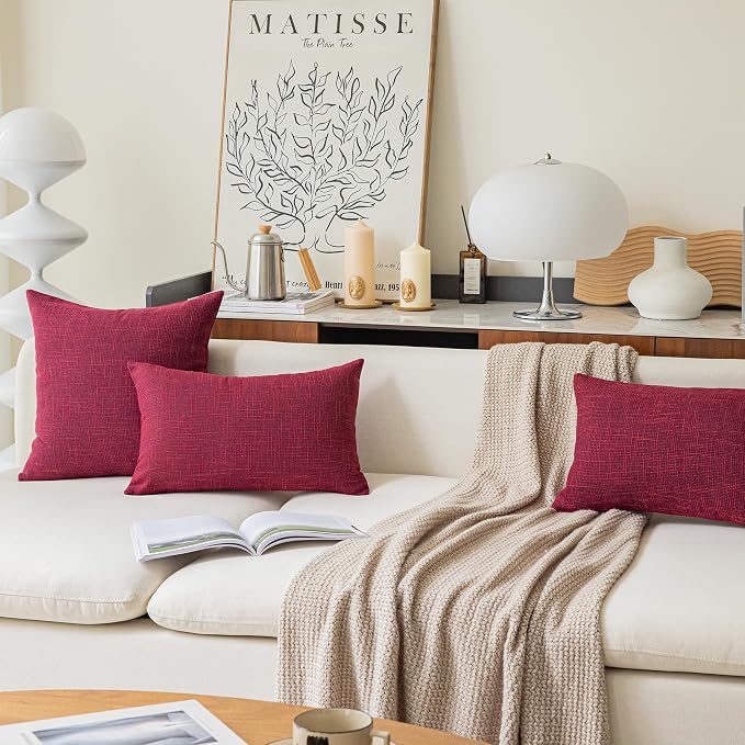 Kevin Textile Supersoft Faux Linen Square Christmas Throw Cushion Cover Pillowcase, Hidden Zipper, 18x18 inch(2 Piece, Burgundy)
