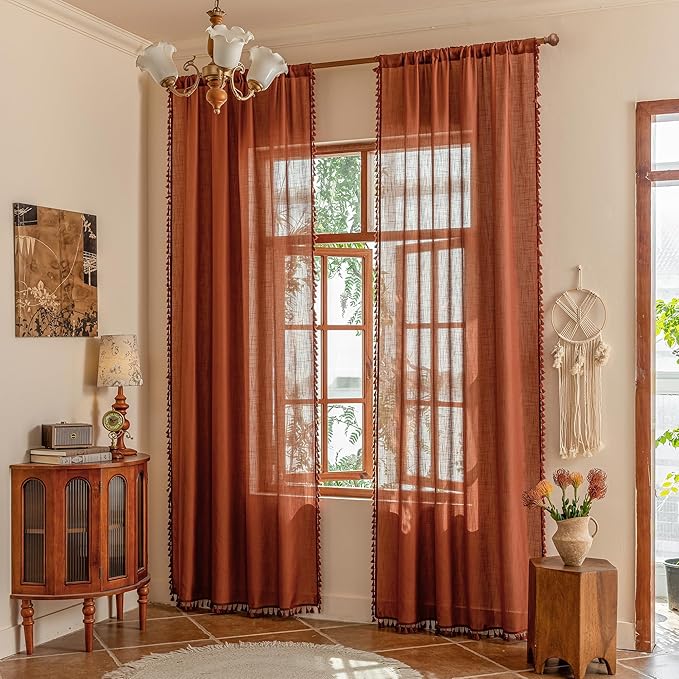 MYSKY HOME Boho Terracotta Tassel Curtains 84 Inches Long for Bedroom Living Room, Semi Sheer Light Filtering Bohemian Burnt Orange Curtains & Drapes for Sliding Door Privacy Farmhouse, 2 Panels