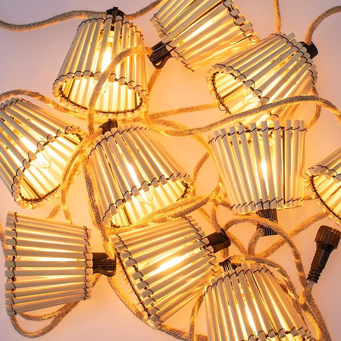 newgarden - Okinawa Solar & Rechargeable Battery Jute Color | Indoor & Outdoor use | Warm Light 35 Lumen/Bulb. Cable Length: 16ft.